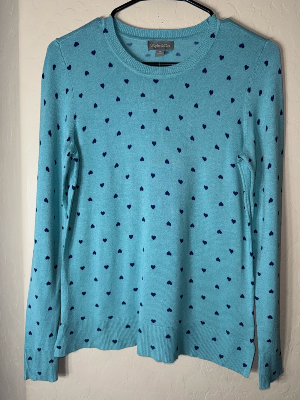 Style & Co Petite Turquoise Heart Print Fine Gauge Sweater Long Sleeve Cute